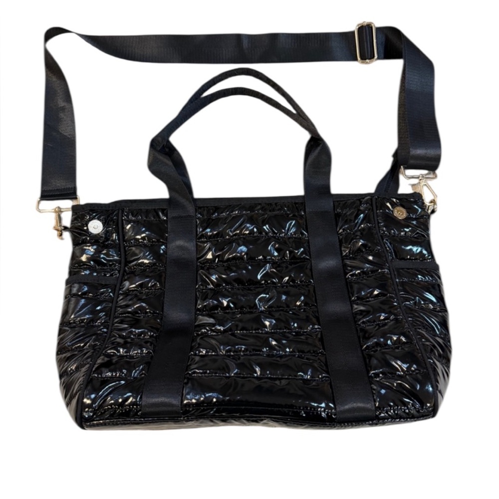 ah·dorned Black Quilted Puffer Tote Crossbody Bag w/ Adjustable Strap